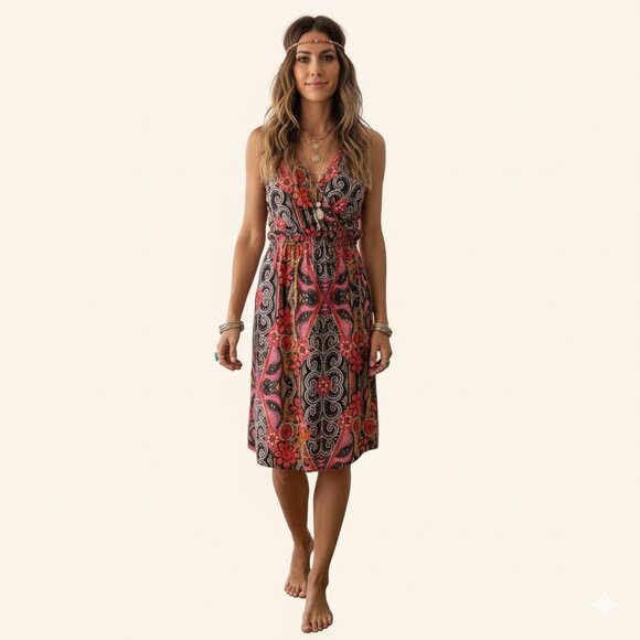 Prana Dresses & Skirts - PRANA Large Pink Black Floral Paisley Faux Wrap Sleeveless Dress Stretch